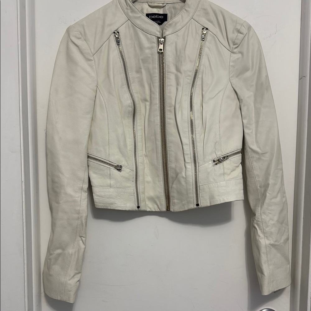 Bebe Women's White Leather Zip-Front Jacket